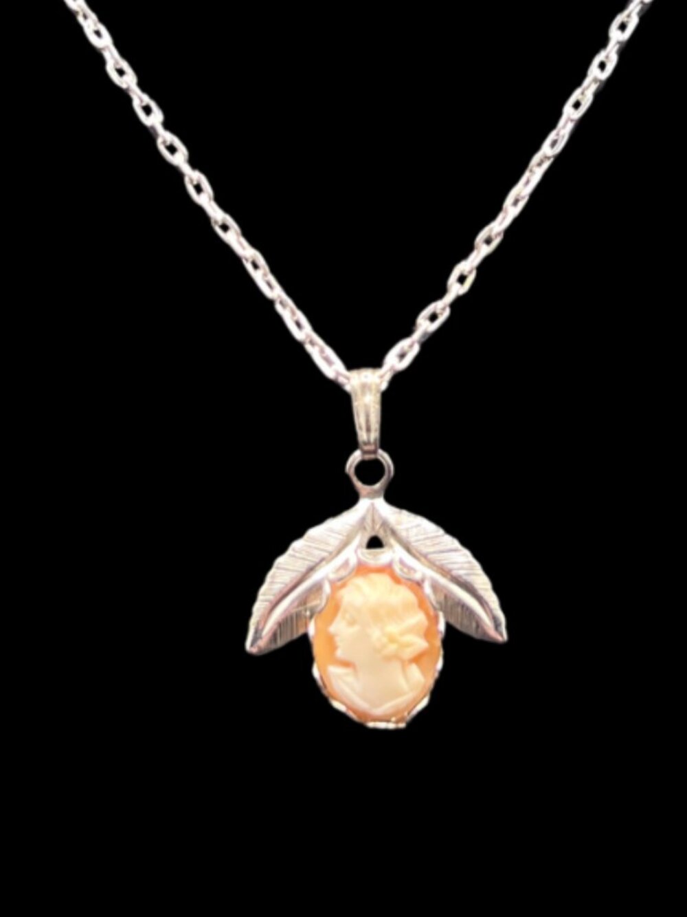 Vintage Carved Shell Cameo Pendant Necklace Silver-Toned Metal on Modern Chain